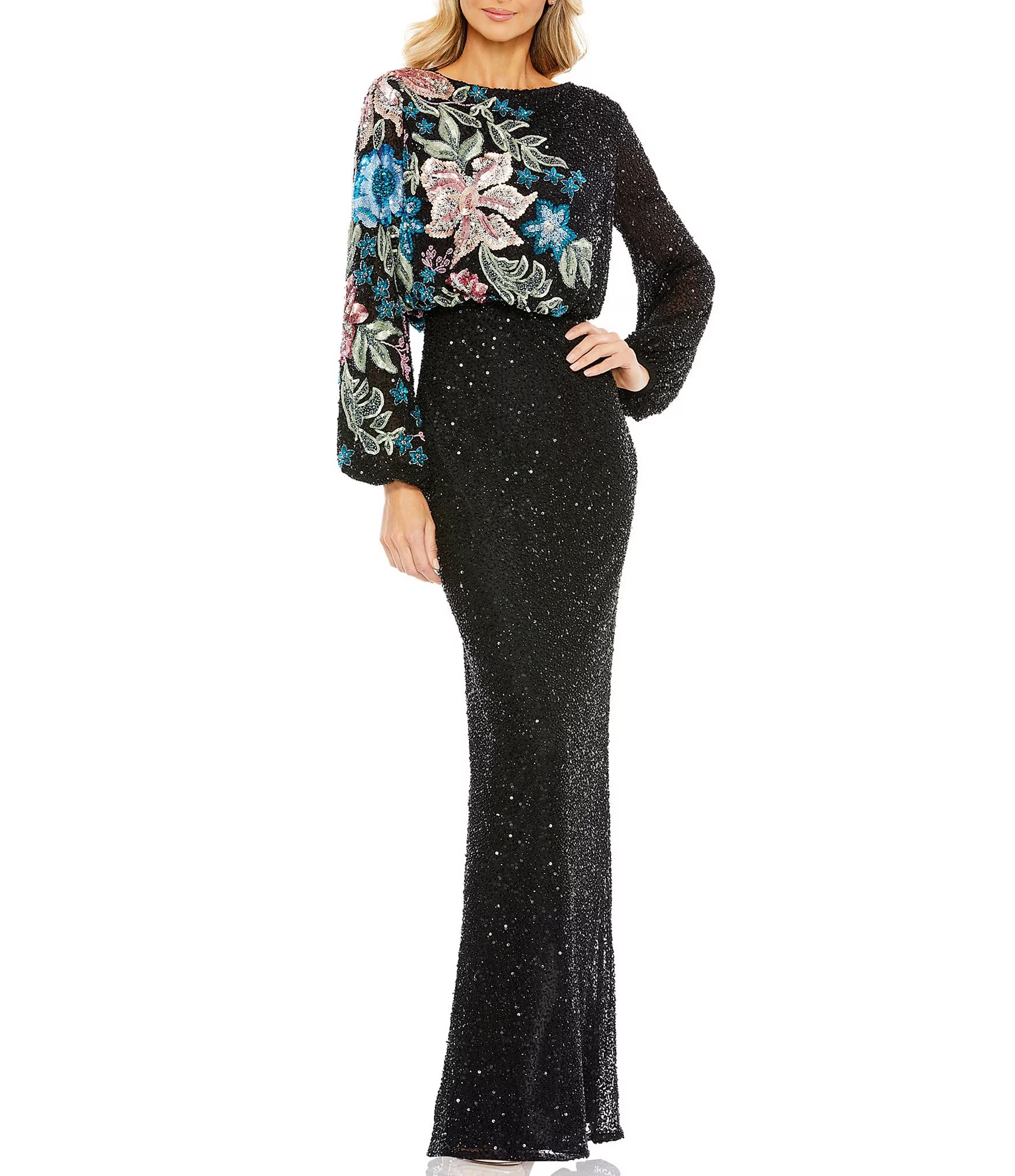 Floral Beaded Sequin Long Sleeve Blouson Gown | Dillard's