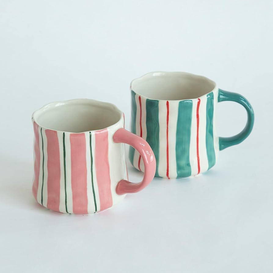 Striped Ceramic Coffee Mugs Set - 2 Pack, Pink & Green，Perfect for Morning Brew or Tea and Coco... | Amazon (US)