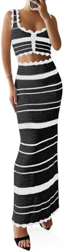 Saodimallsu Womens 2 Piece Sets Summer Striped Crochet Knit Coverup Sleeveless Button Crop Tank T... | Amazon (US)