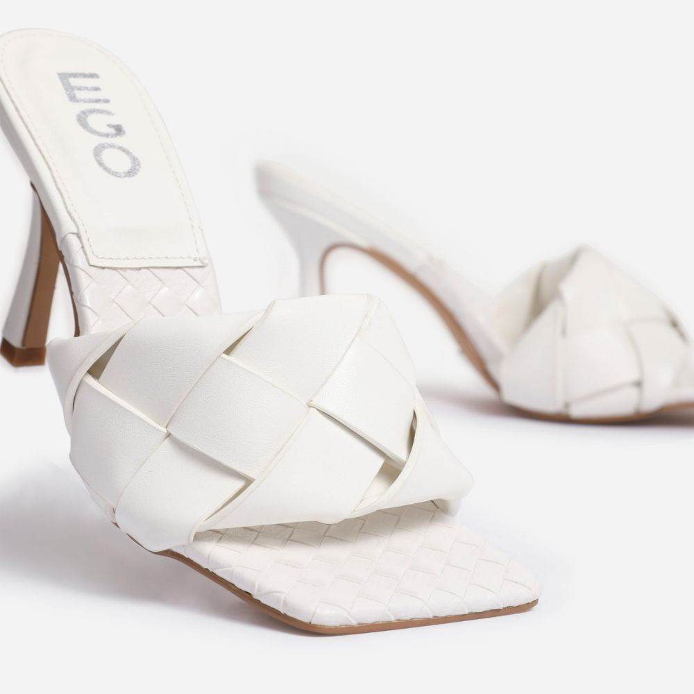 Turntup Woven Square Peep Toe Mule In White Faux Leather | EGO Shoes (US & Canada)