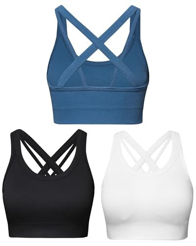Sports Bras for Women HIigh Support, Criss-Cross Back Padded Strappy High Impact Sports Bras for Women Large Bust(0001_Black+White+Blue_L) | Amazon (US)