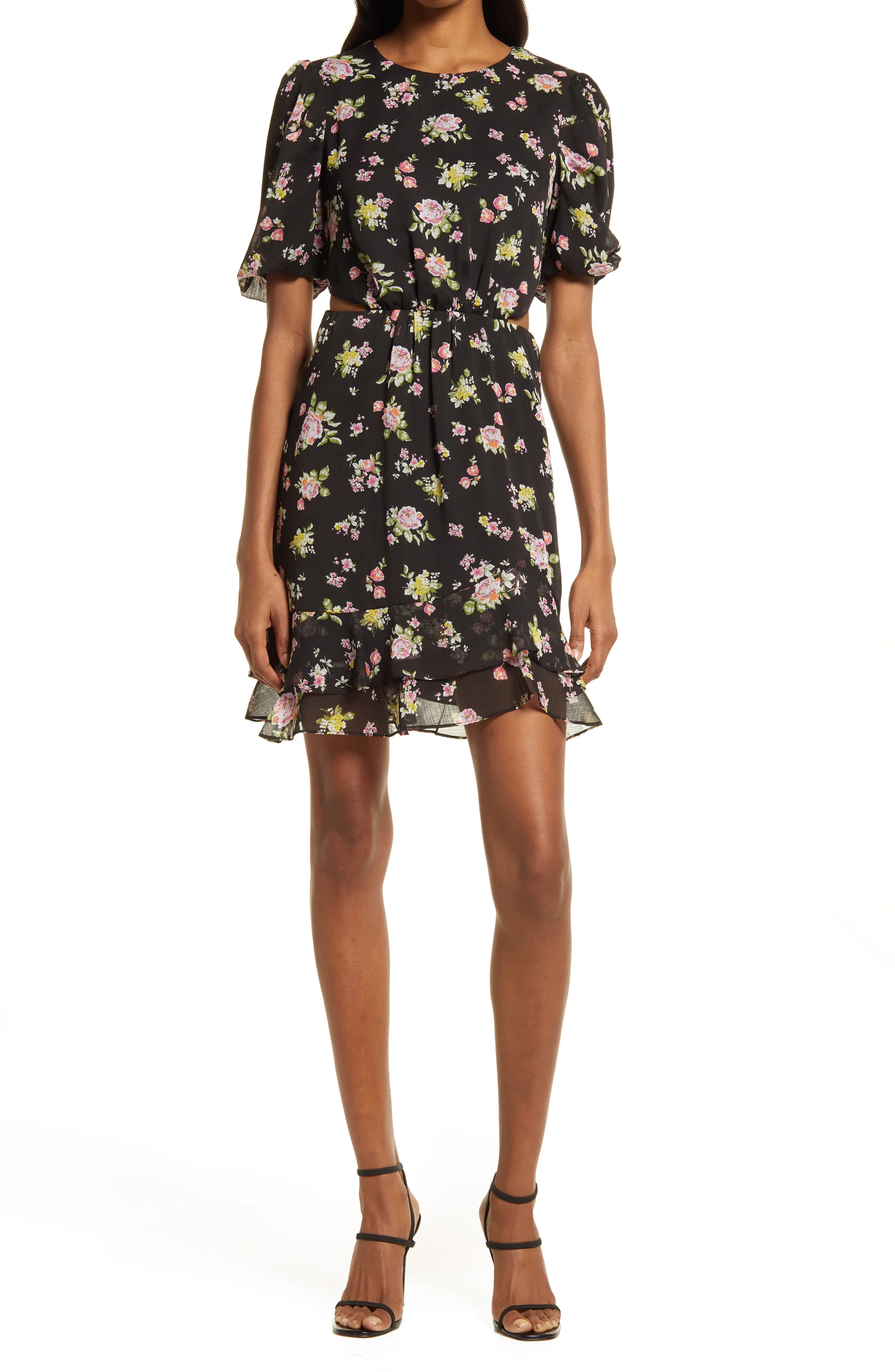 Charles Henry Floral Cutout Dress in Black Ditsy Floral at Nordstrom, Size X-Small | Nordstrom