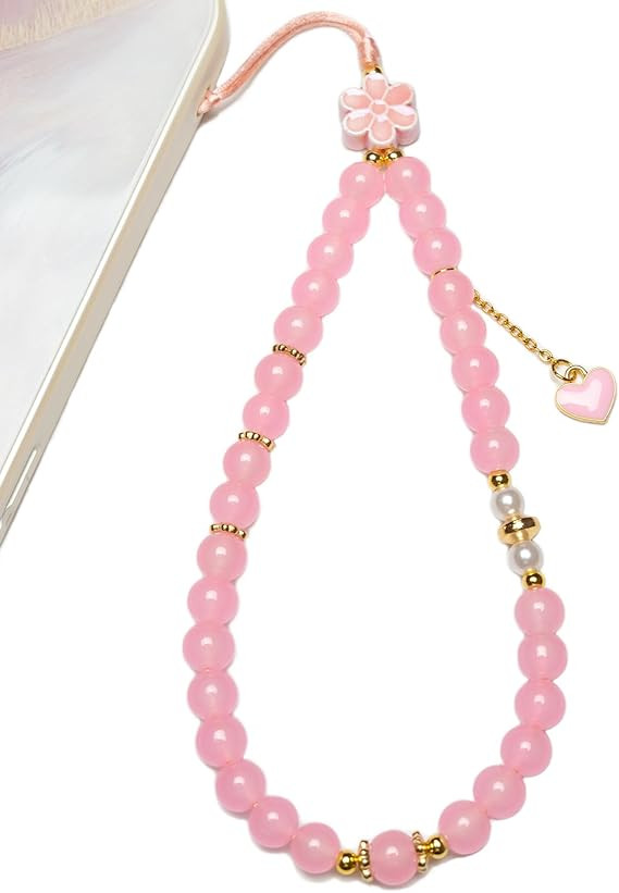 Phone Charm – Cute Pink Pearl Beaded Wrist Strap for Women, Aesthetic Phone Chain Wristlet for ... | Amazon (US)