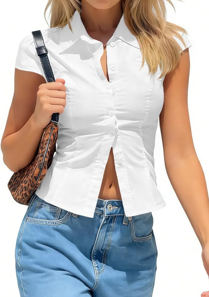 Tankaneo Women Short Sleeve Button Down Shirts Summer Y2k Slim Fit Collared Blouse Trendy Casual ... | Amazon (US)