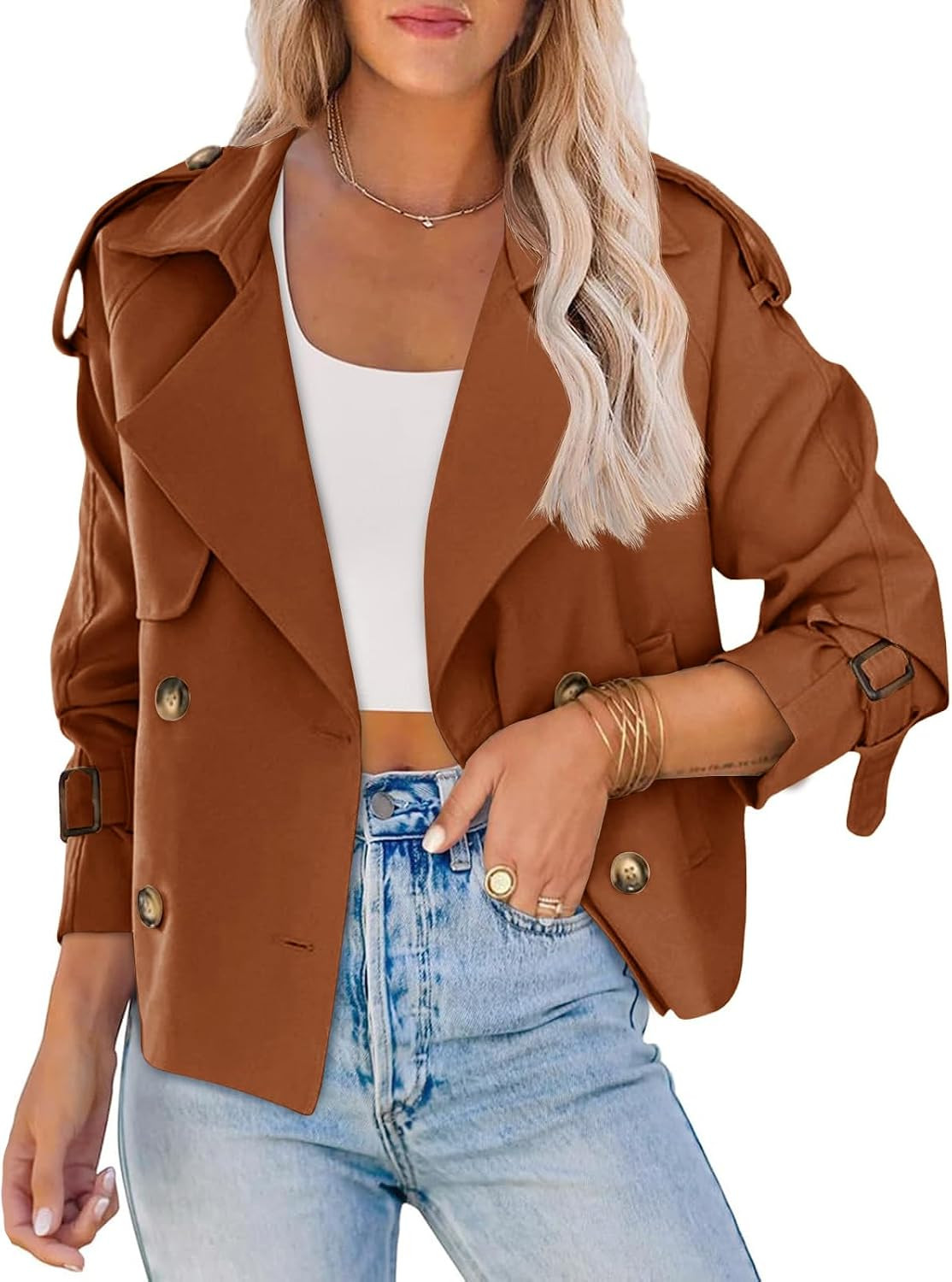 Saodimallsu Women Crop Double Breasted Trench Coat Short Cropped Jacket | Amazon (US)