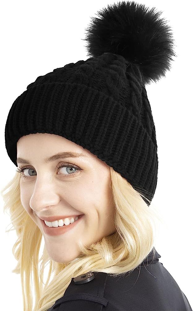 Simplicity Womens Winter Beanies Hand Knit Faux Fur Pompoms Beanie Hats | Amazon (US)