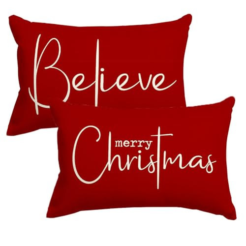 RABUSOFA Christmas Pillow Covers 12x20 Set of 2,Merry Christmas Believe Decoration Red Xmas Winter Holiday Lumbar Cushion Case for Home Sofa Couch | Amazon (US)
