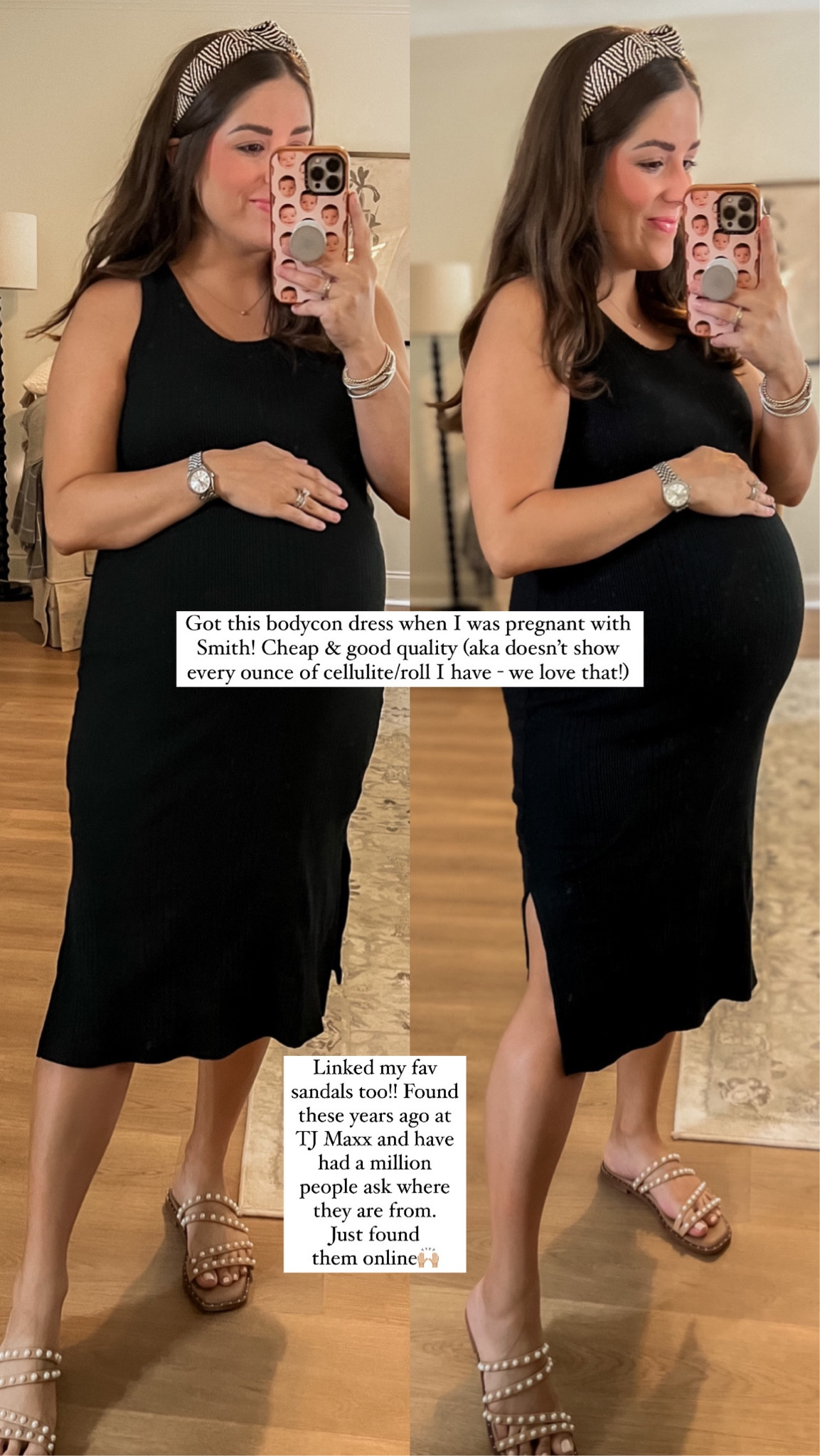 Bump friendly black midi bodycon dress and my favorite pearl sandals!! // women’s ootd, pregnancy, women’s dress 

#LTKunder50 #LTKbump #LTKstyletip
