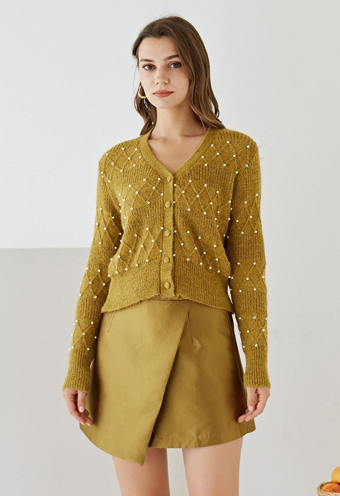 Diamond Texture Pearl Decor Knit Cardigan in Mustard | Chicwish