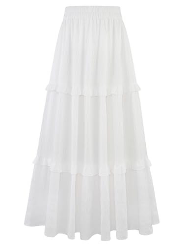 Gracyoga White Skirts for Women Casual Elegant Flowy High Waisted Cute A Line Swing Tiered Boho Skirt with Pockets Trendy Large | Amazon (US)