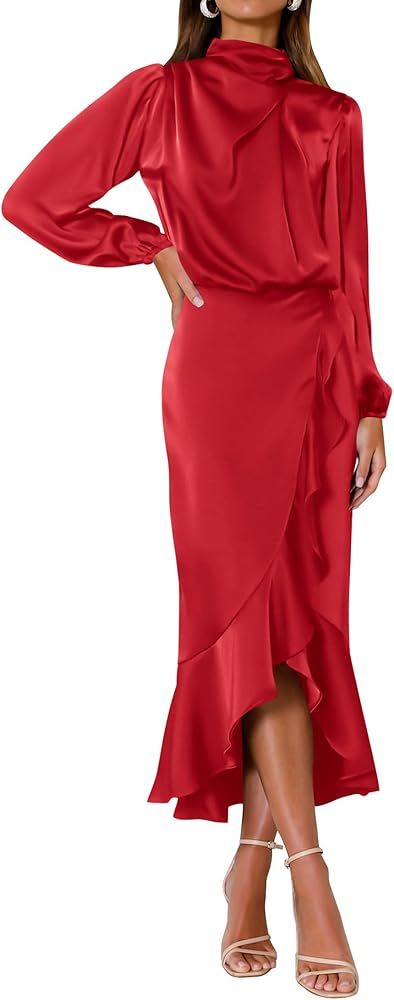 KIRUNDO Women's Fall Satin Mock Neck Wedding Guest Cocktail Midi Dress Long Sleeve Wrap Ruched Ru... | Amazon (US)