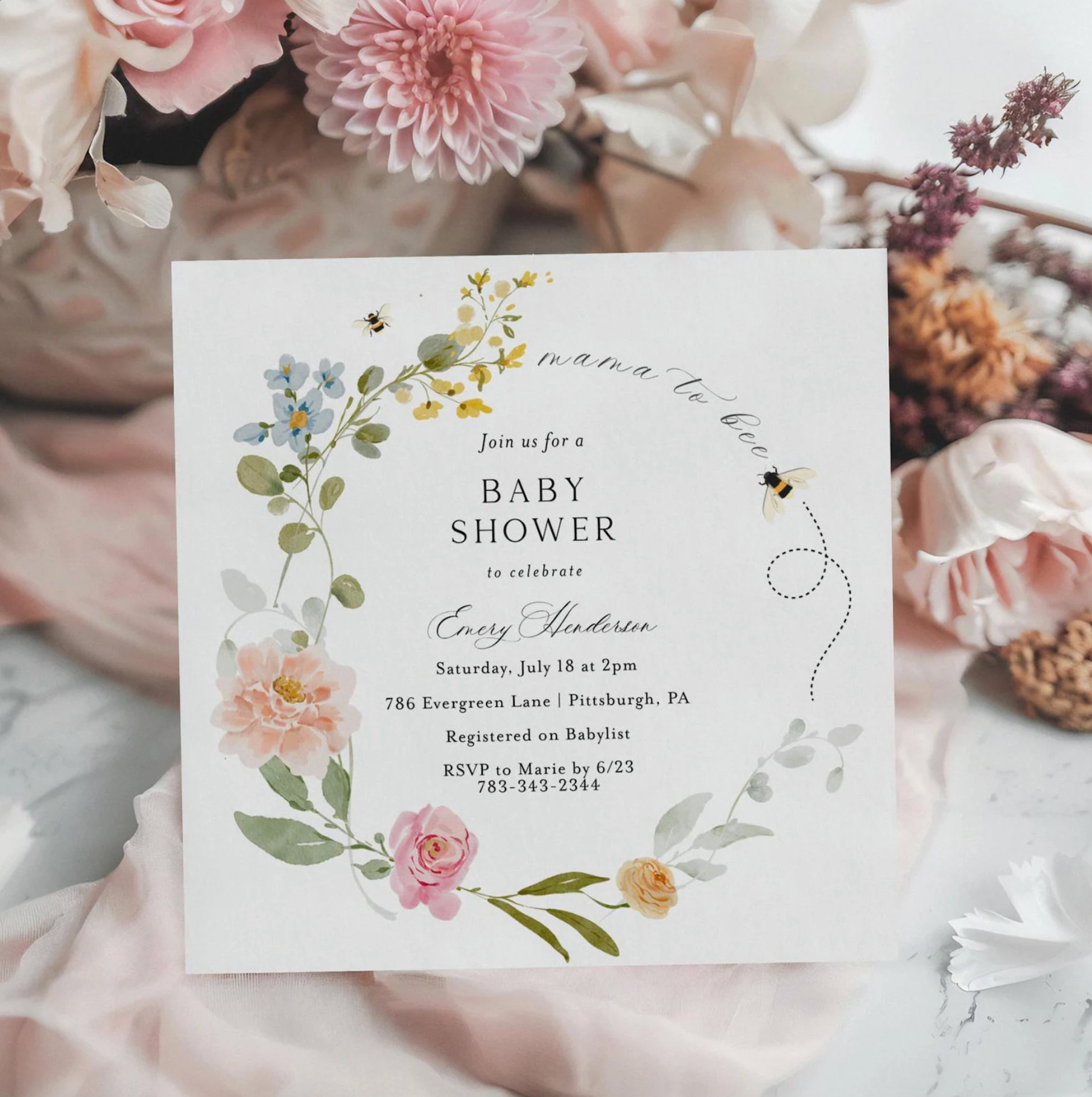 The sweetest Mama to Bee baby shower invitation 🐝🌸
Soft florals, delicate bee details, and the prettiest blush tones for a spring shower theme. 

 #LTKBaby #LTKBump
