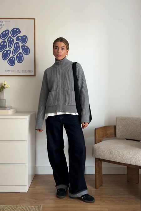 Grey zip cardigan, baggy jeans, adidas spezial 



#LTKeurope #LTKstyletip