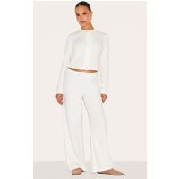 Petite Cream Super Soft Drawstring Wide Leg Trousers | PrettyLittleThing UK