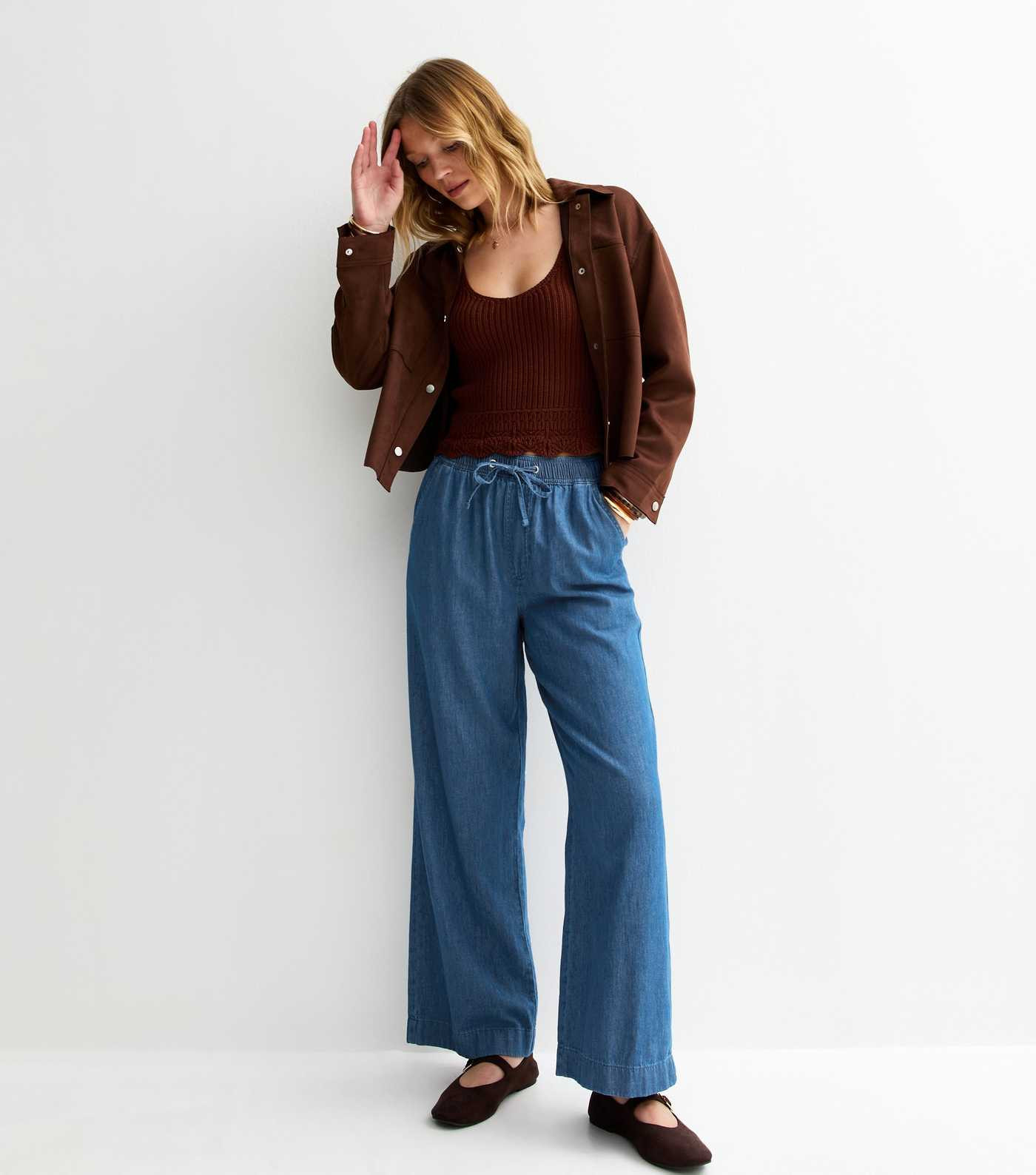 Blue Denim Drawstring Wide Leg Trousers | New Look | New Look (UK)