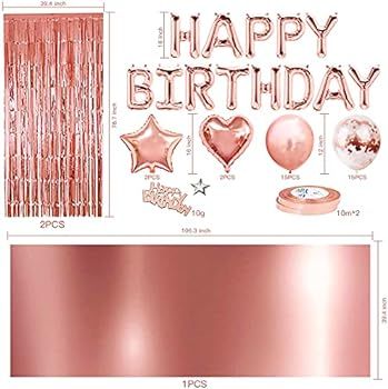 Rose Gold Birthday Party Decorations Set for Girls Or Women,Happy Birthday Banner, Rose Gold Frin... | Amazon (US)