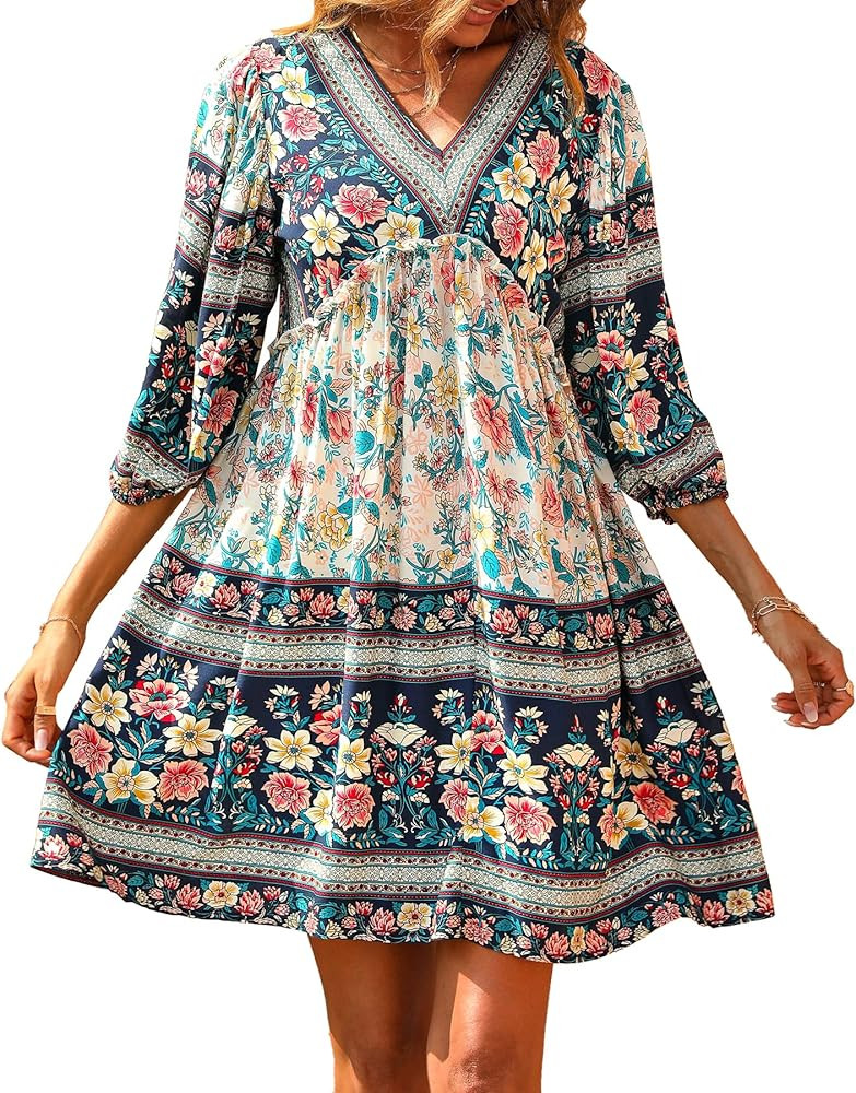 BTFBM Women Casual Spring Summer Dresses V Neck 3/4 Long Sleeve Ruffle Floral Flowy Boho Babydoll Mi | Amazon (US)
