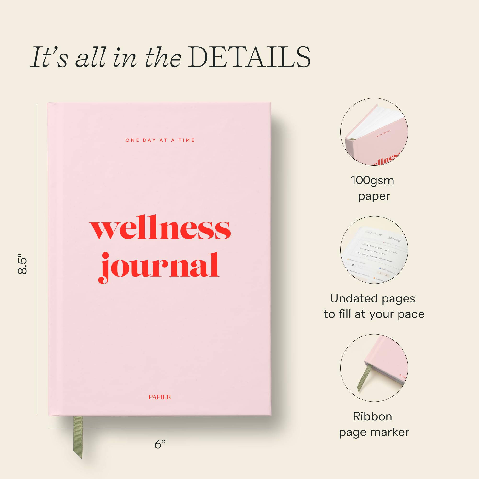 Papier Daily Wellness Journal Diary - Baby Pink, 8.46" L x 6.02" W | Hardback Cover Wellbeing, Gr... | Amazon (US)