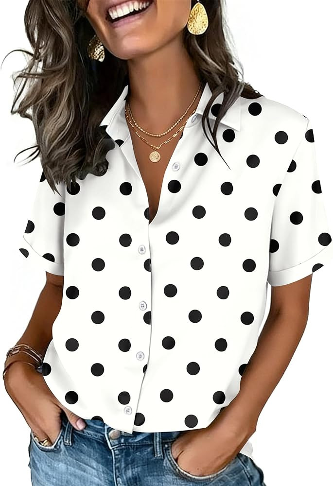 Zeagoo Button Down Shirts for Women Short Sleeve Collared Tops Dressy Casual V Neck Blouses | Amazon (US)