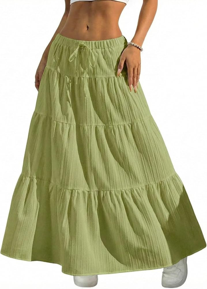 DERAX Women's Boho Flowy White Maxi Skirt Flared Ruffle Elastic Waist Summer A Line 2026 Spring L... | Amazon (US)