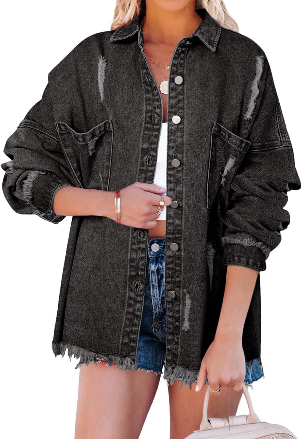 Sidefeel Women Distressed Washed Long Sleeve Shacket Raw Hem Ripped Jackets | Amazon (US)