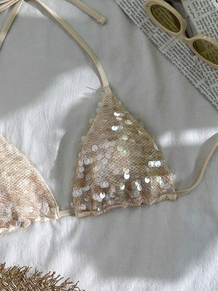 Swim Vcay Sequin Textured Halter Triangle Cup Bikini Top, Women Sparkly Glitter Swimwear Separate... | SHEIN