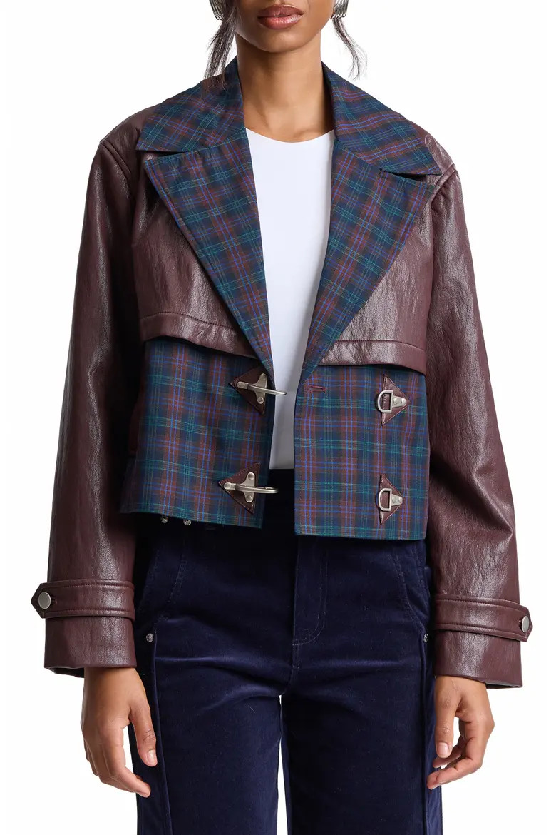 Avec Les Filles Colorblock Faux Leather Cropped Jacket in Blue Plaid- Burgundy at Nordstrom, Size Medium | Nordstrom
