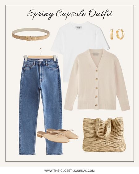 Year of outfits - LOOK 47
___
Spring capsule outfit: straight-leg jeans, white tee, a cotton cardigan in ivory color, suede mules, and summer tote ✔️