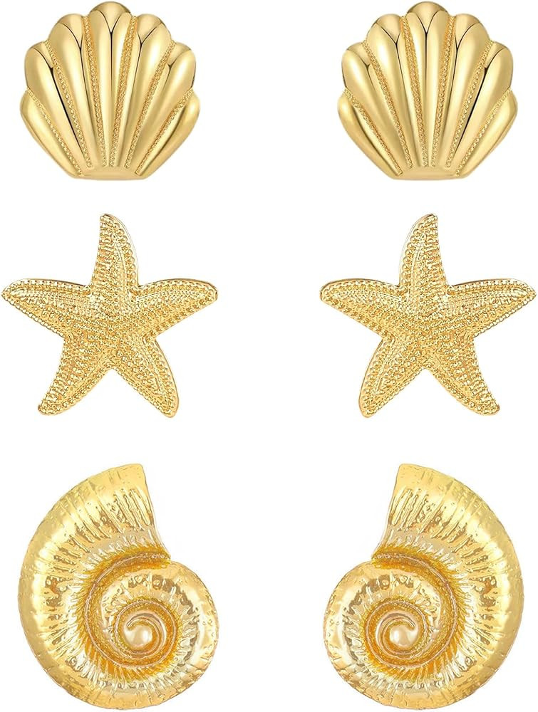 3 Pairs Beach Earrings for Women 14K Gold Statement Earrings Summer Ocean Jewelry Starfish Conch ... | Amazon (US)
