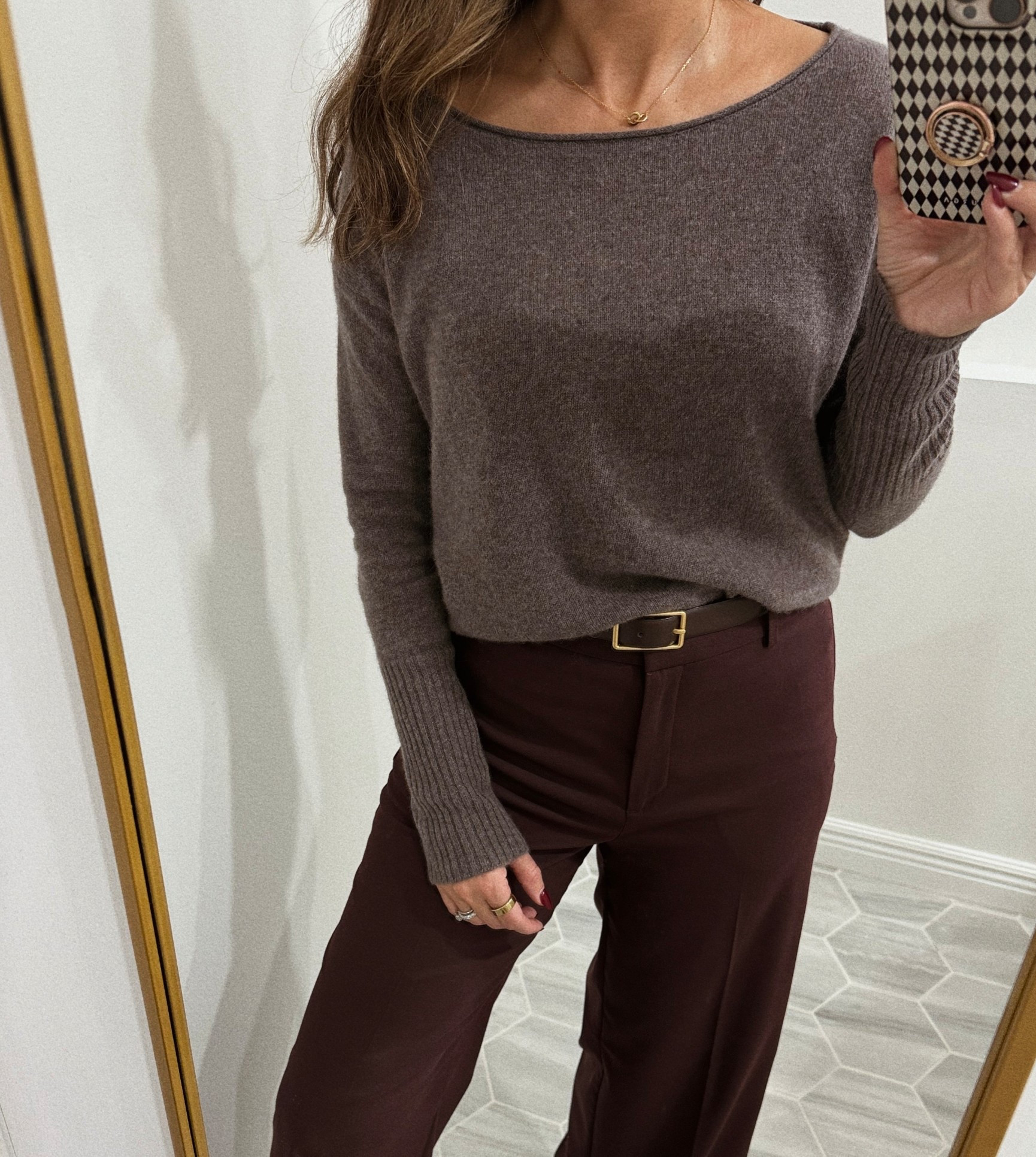 My sweater is from Naadam - wearing xs. 
Pants tts for me  