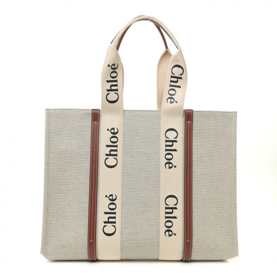 CHLOE Cotton Calfskin Large Woody Ribbon Tote White Brown | Fashionphile
