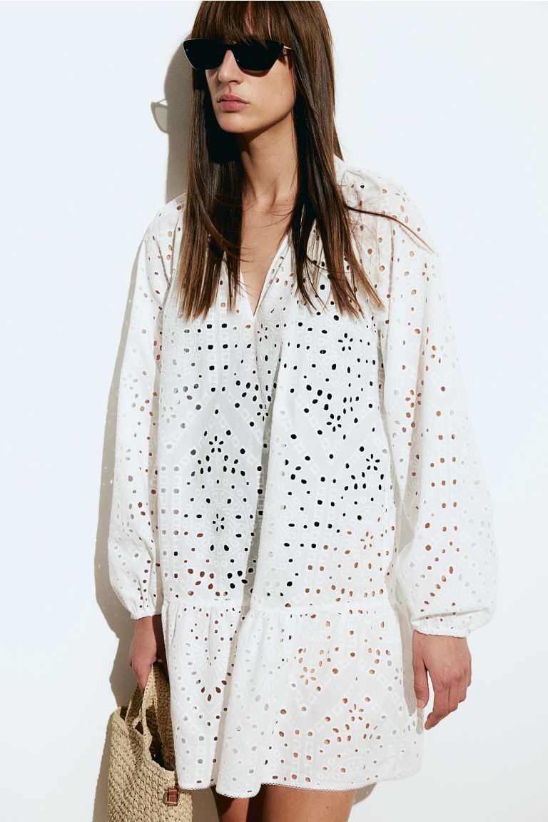 Tunic Dress with Eyelet Embroidery - White - Ladies | H&M US | H&M (US + CA)