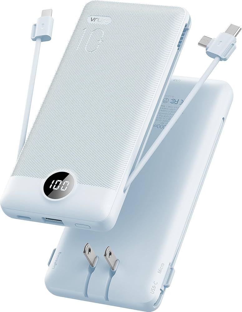 VRURC Portable Charger Built-in Cables and AC Wall Plug, USB C Power Bank 10000mAh, Travel Essent... | Amazon (US)
