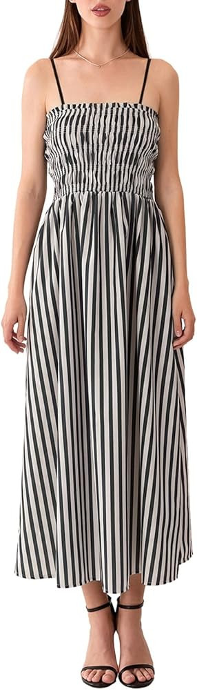 Women Retro Striped Print Dress Lacing Sleeveless Ruffles Trim Square Neck Backless Smocked Beach... | Amazon (US)