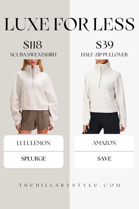 Luxe for Less: Half-Zip Sweatshirt
Lululemon Scuba Sweatshirt vs Amazon Half-Zip. Athleisure, spring athletic wear, sweatshirt, half-zip, casual wear.

#LTKfindsunder50 #LTKstyletip #LTKfitness