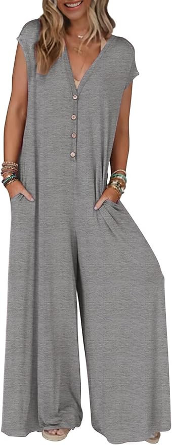 MEROKEETY Women's 2025 Summer Cap Sleeve Jumpsuits Deep V Neck Button Onesie Wide Leg Pants Rompe... | Amazon (US)