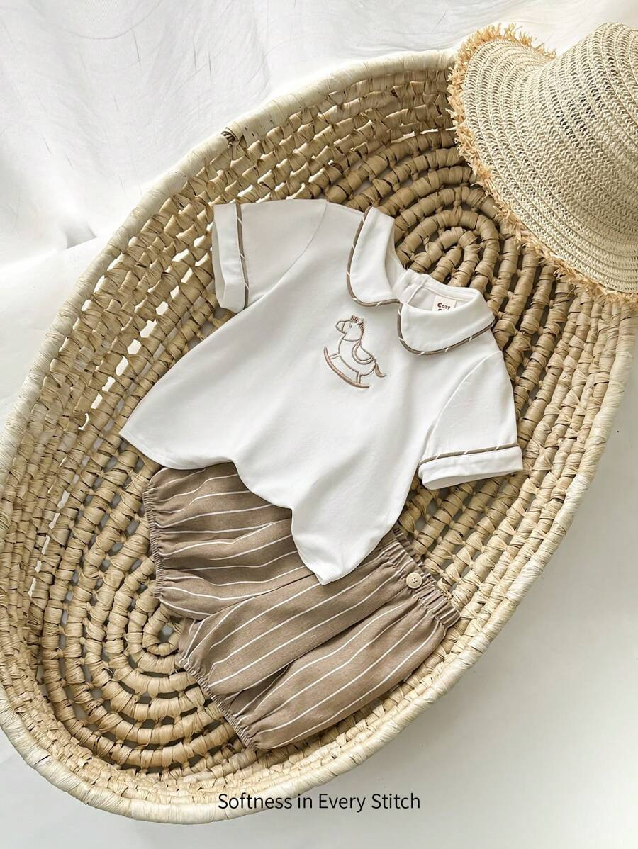 Cozy Cub Baby Boy Baby Girl Multi-Color Peter Pan Collar Short Sleeve Pullover Top & Striped Casu... | SHEIN