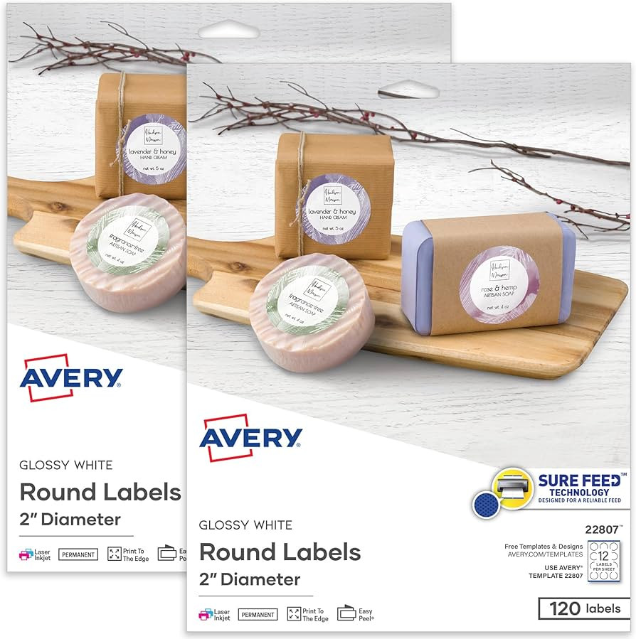 Avery Printable Round Labels with Sure Feed Technology, Glossy White Labels, 2" Diameter, Permane... | Amazon (US)