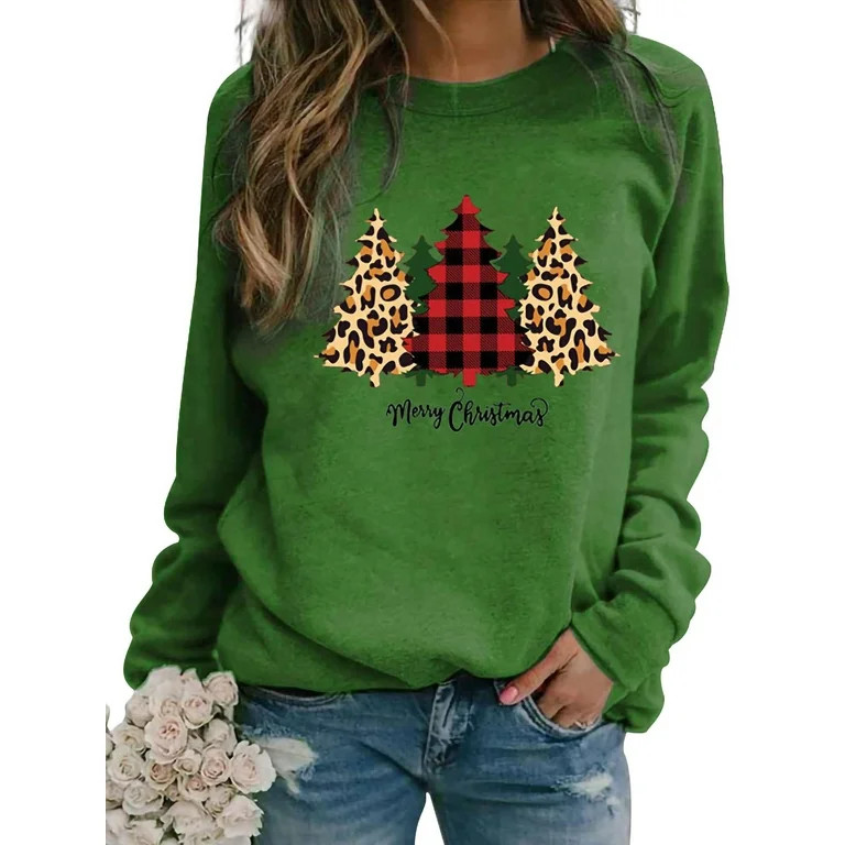 Women Christmas Sweatshirt Xmas Tree Print Sweater Holiday Graphic Pullover Tops - Walmart.com | Walmart (US)