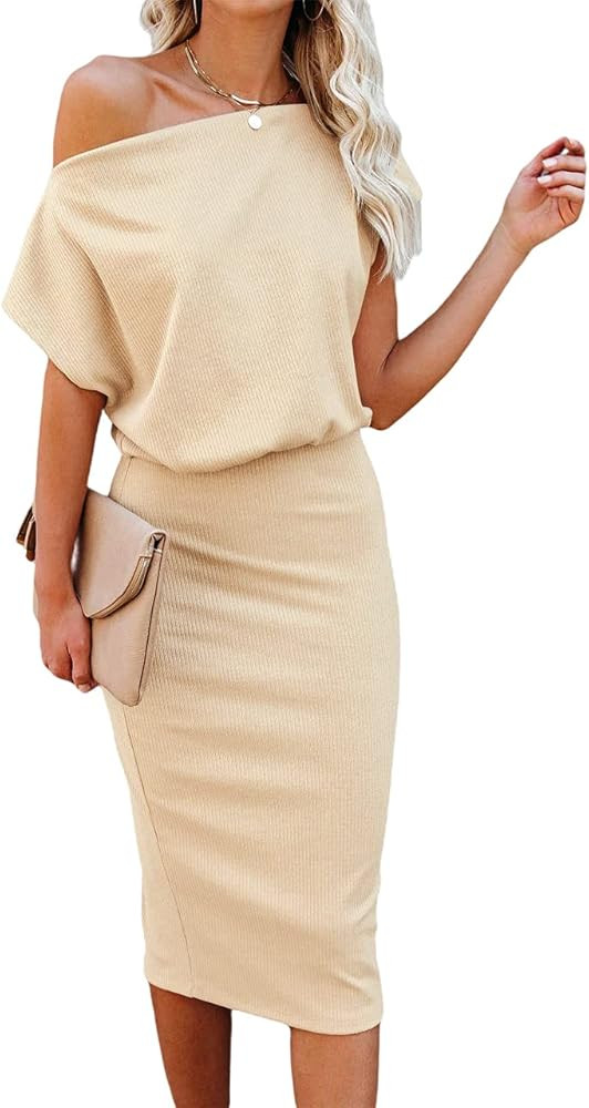 EZBELLE Women's Off The Shoulder Short Sleeve Ribbed Casual Party Bodycon Midi Dress | Amazon (US)