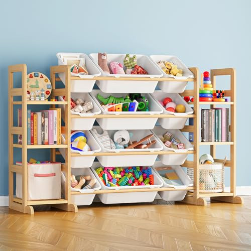 SpaceAid Toy Storage Organizer with 6 Shelves and 12 Bins, Bookshelf/Bookcase, Kids Bin Shelf, Toys Box for Playroom Organization for Bedroom & Room Decor, White, 52.3" W | Amazon (US)