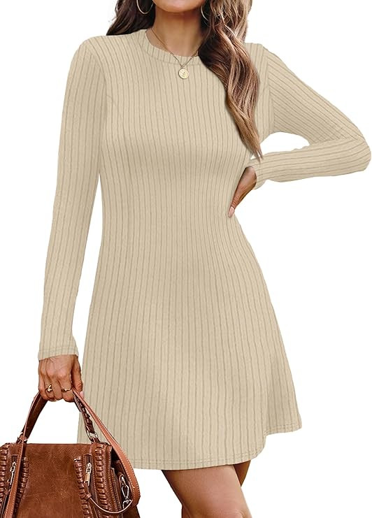 OFEEFAN Fall Dresses for Women 2025 Long Sleeve Crew Neck Sweater Dress | Amazon (US)