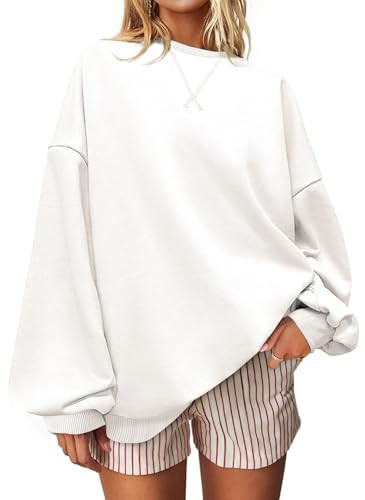 UEU Crewneck Sweatshirts for Women Oversized Sweat Shirt Fall Casual Long Sleeve Pullover Tops White Large | Amazon (US)