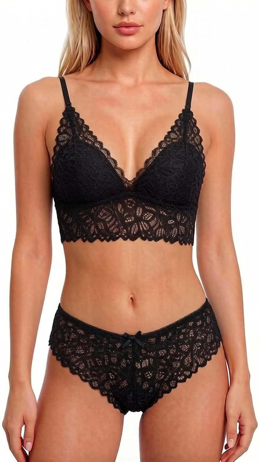 Women's Floral Lace Bralette and Panty Set, Wireless Bra and Panty Pajamas Lingerie Set 2 Pieces Nightwear | Amazon (US)