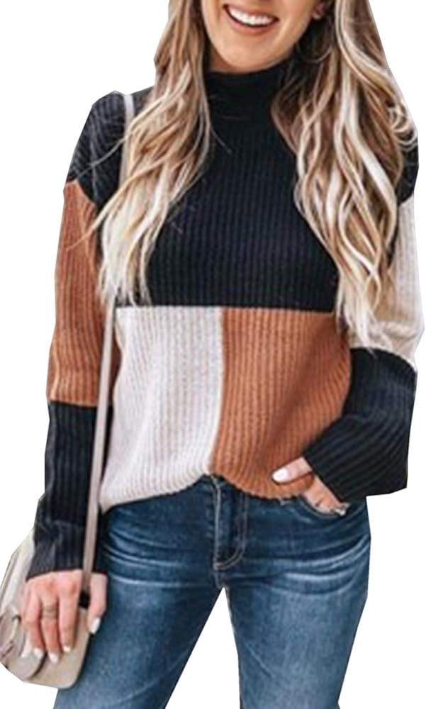 Angashion Women Sweaters-Oversized Chunky Knit Color Block Drop Shoulder Batwing Sleeve Pullover ... | Amazon (US)