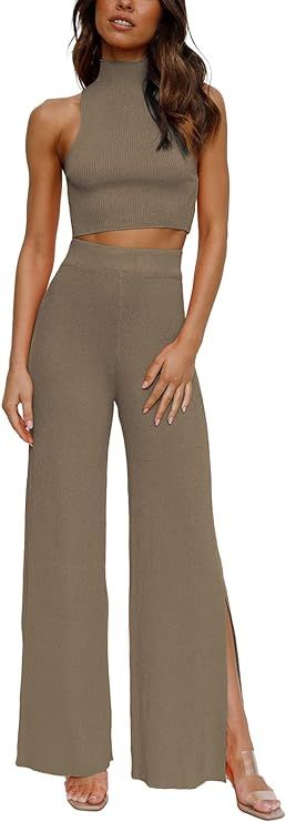 ARTFREE Womens 2 Piece Outfits Sets Casual Sweatsuits Streetwear, Ribbed Knit Palazzo Wide Leg Pants and Cropped Tops | Amazon (US)
