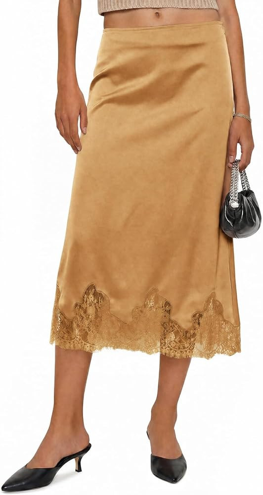 Cicy Bell Womens Silk Satin Midi Skirts Casual Dressy Lace Hem High Waisted A-Line Skirt Elegant ... | Amazon (US)