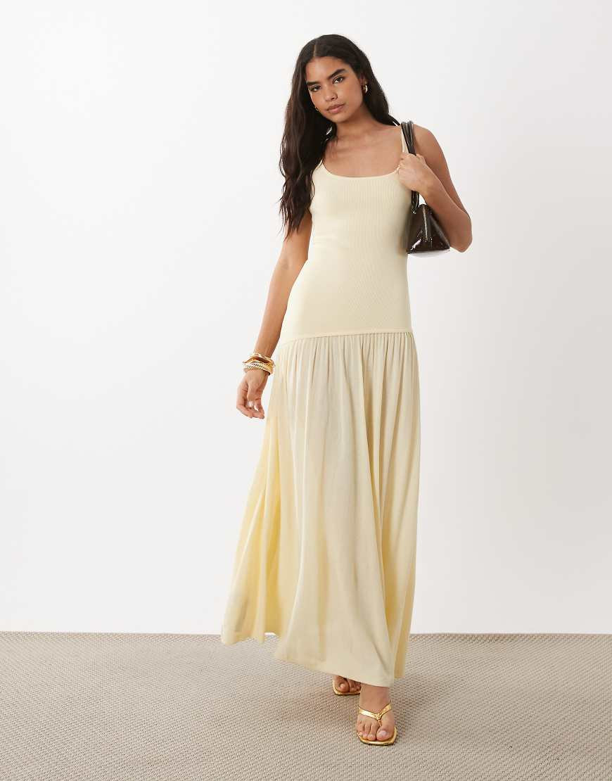 Mango scoop neck asymmetric drop waist maxi dress in pastel yellow | ASOS (Global)