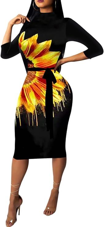 Bodycon Dress for Women Casual 3/4 Sleeve Floral Club Pencil Party Midi Dresses | Amazon (US)