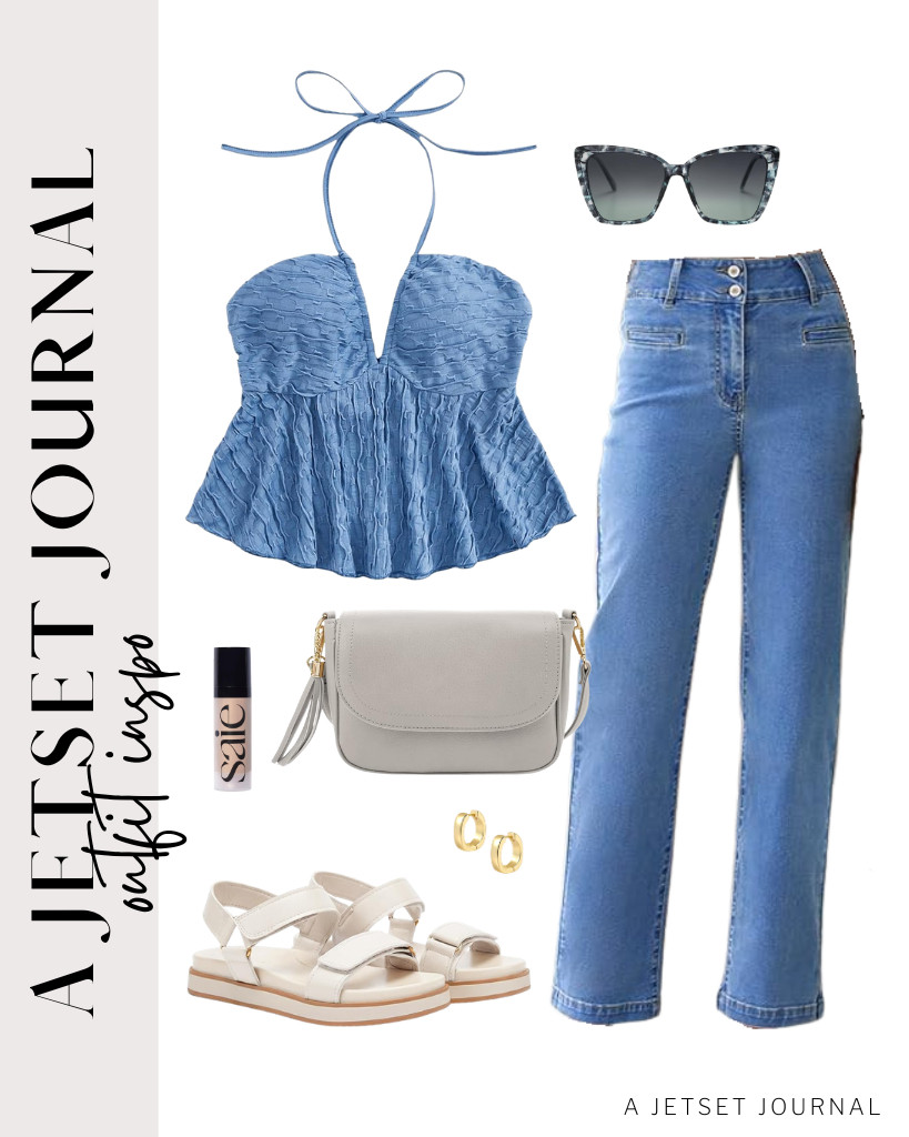 A blue tie-halter-neck top pairs perfectly with straight-leg jeans from Sidefeel. You can pair these Coutgo flat sandals with a small crossbody bag for this fit. This top-selling Saie Mini Glowy Super Gel is a great way to finish the look.

#LTKSeasonal #LTKSaleAlert #LTKTravel
 

 